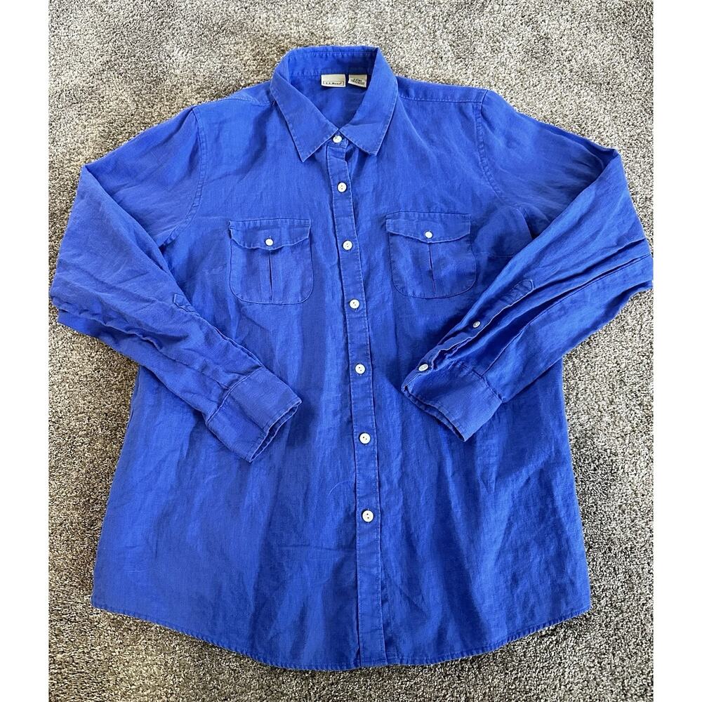 L.L. Bean 100% Linen Button Up Shirt Women’s Size L Blue Long Sleeve Roll Tab